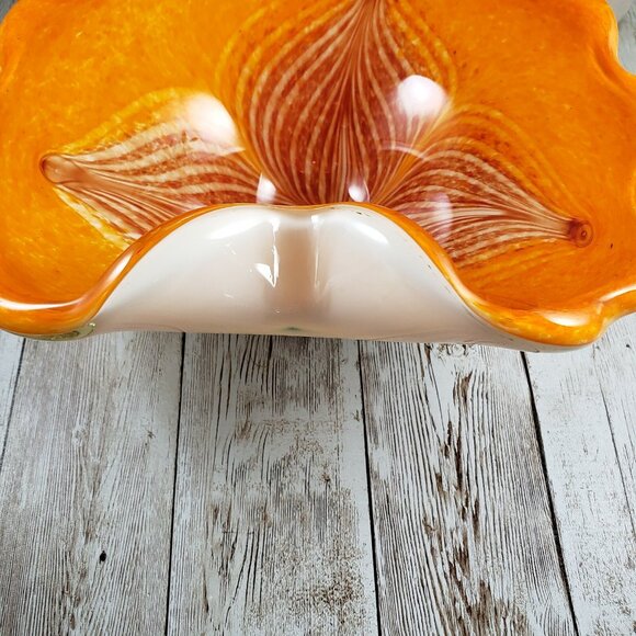 Orange Cased Art Glass Bowl Flower Petal Design Scalloped Edge Folded 9? Ashtray - Picture 3 of 6